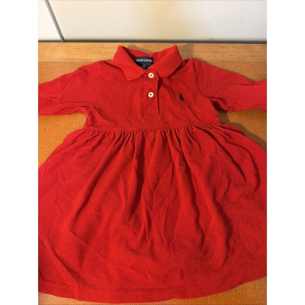Ralph Lauren 3-6 Mo Long‎ Sleeve Red Polo Collared Dress EUC